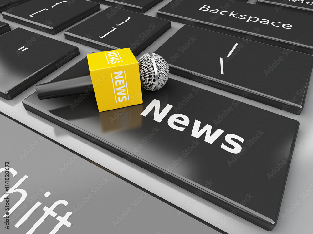 Poster 3d news microphone and computer keyboard with word news.