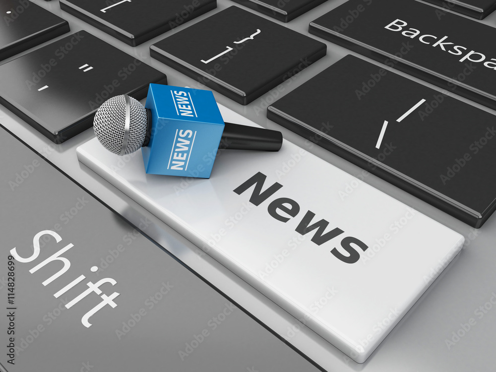Poster 3d news microphone and computer keyboard with word news.