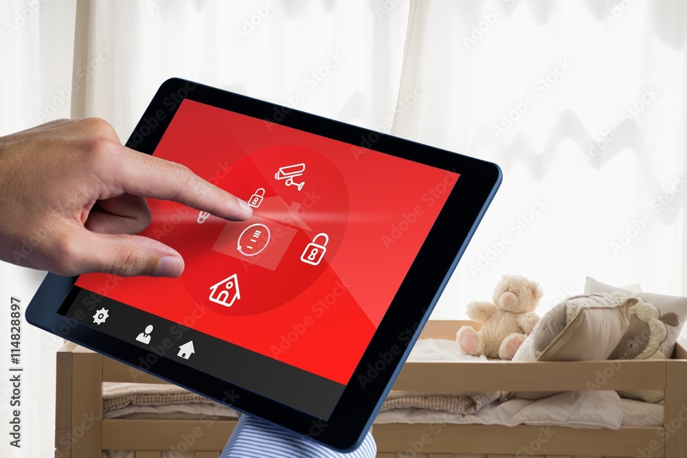 Poster composite image of man using tablet pc