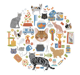 Cat characters and vet care icon set flat style