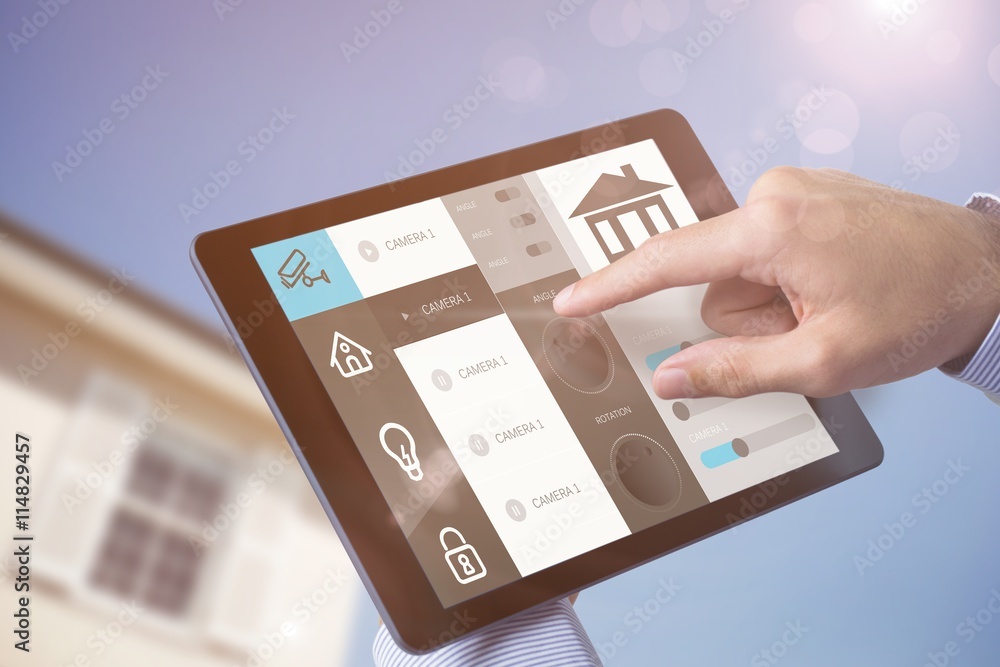 Poster composite image of man using tablet pc