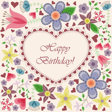 Happy birthday card with heart flowers