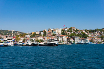 Fototapeta na wymiar Istanbul outer suburb and pier with national flag on a clear day. Urban skyline with copy space