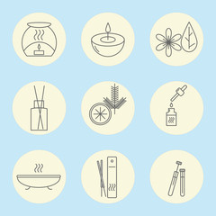 Icon set of aromatherapy on a blue background. Vector illustration.