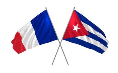 3d illustration of France and Cuba flags together waving in the wind