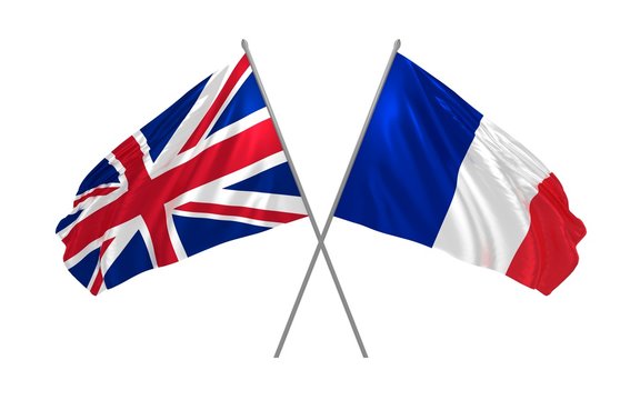 3d illustration of France and UK flags together waving in the wind