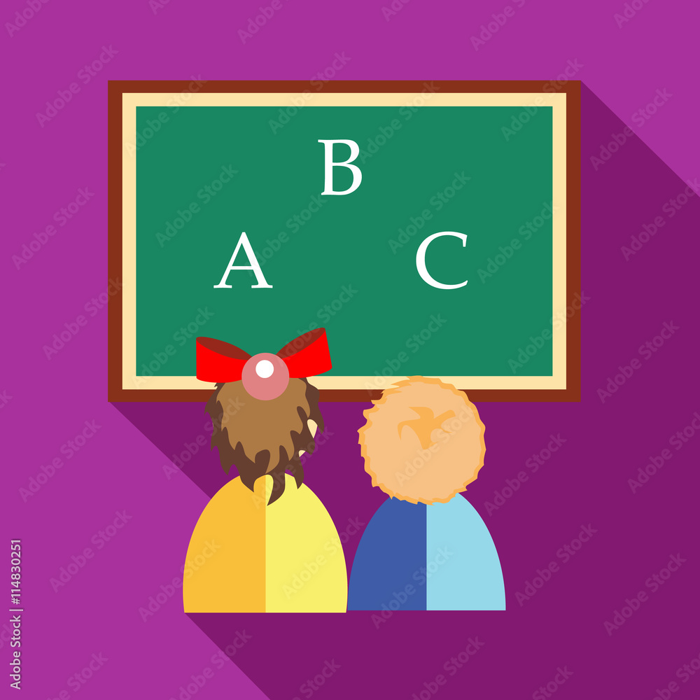 Poster preschool girl and boy learning to write letters and read icon in flat style on a fuchsia background