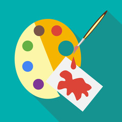 Art palette wirh brush and paper icon in flat style on a sky blue background
