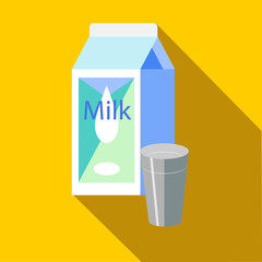 Milk carton and glass of milk icon in flat style on a yellow background