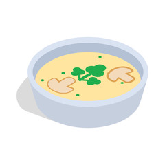 Puree soup with mushrooms icon in isometric 3d style isolated on white background. Food symbol