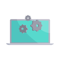 Laptop and gears icon in cartoon style on a white background