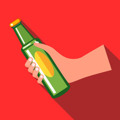 Hand holding a green beer bottle icon in flat style on a red background