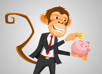 Monkey businessman money into the piggy bank