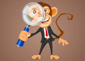 Monkey businessman with a magnifying glass to look for