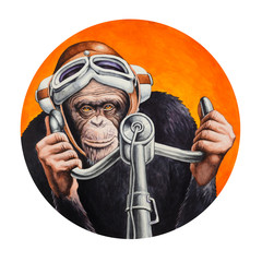 Chimpanzee pilot at the controls of the aircraft. Watercolor illustration. - 114832237