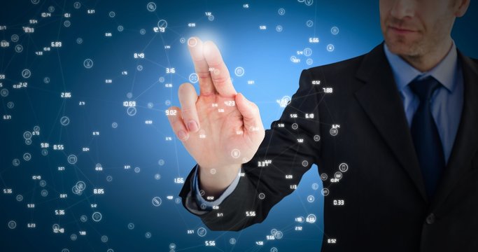 Composite image of businessman pointing these fingers at camera 