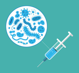 Syringe and blue germs. Vector illustration. Medical background.
