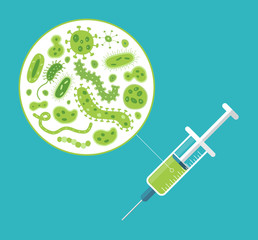 Syringe and green germs. Vector illustration. Medical background.
