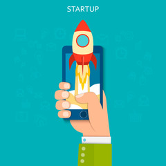 Start up concept. Flat illustration of hand holding phone with with spaceship.