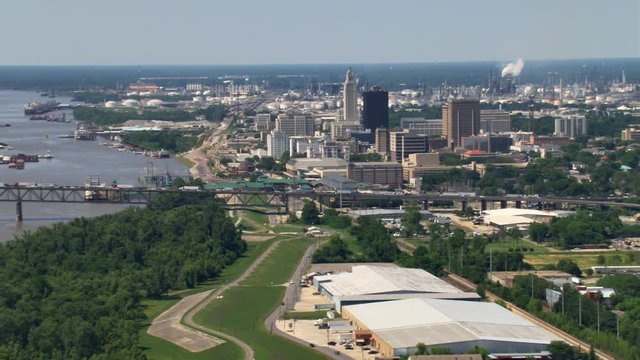 Downtown Baton Rouge, Louisiana, viewed from flight crossing Mississippi River. Shot in 2007.