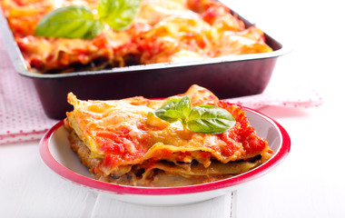 Aubergine and zucchini lasagna slice