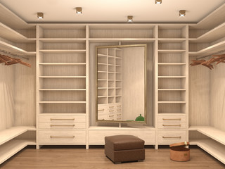 Empty white dressing room; interior of a modern house. 3d illust