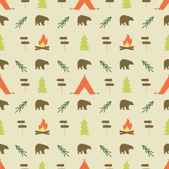 Camping elements pattern. Camping seamless wallpaper design. Equipment for camping background for print. Adventure or camping gear pattern- tent, sign post, tree, bonfire. Nature pattern design