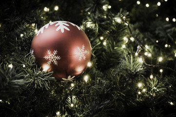 Christmas ball hanging on tree.