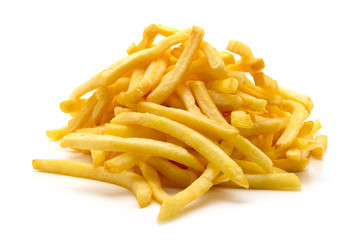a pile of appetizing french fries on a white background
