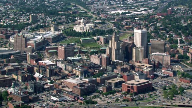 Flight approaching downtown Providence, Rhode Island, with view of Capitol. Shot in 2003.