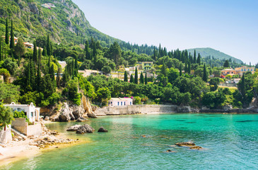 beautiful bay in Paleokastritsa in Corfu island, Greece - obrazy, fototapety, plakaty