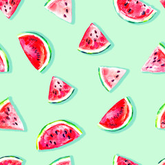 Seamless fresh juicy ripe watermelon slices pattern, red rose colors, summer time fun, nature harvest, youth aesthetics background allover print
