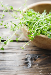 Fresh green thyme on the wooden table