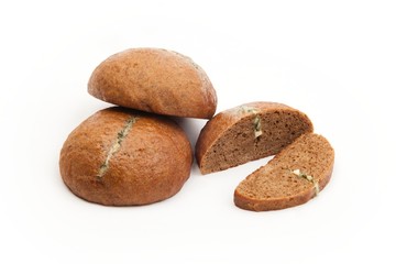 Brown breads with cheese filling on white background