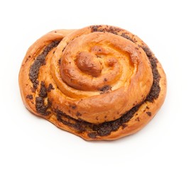 Bun with chocolate on white background