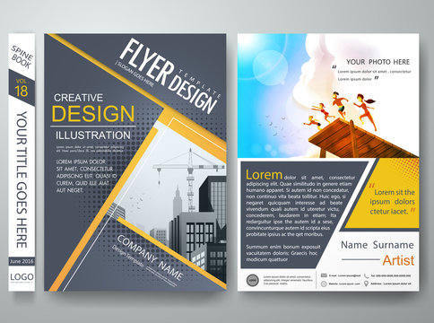 Flyers design template vector.Brochure report business magazine poster template.Cover book portfolio summer presentation and gray triangle on poster design.City design on brochure background.A4 layout
