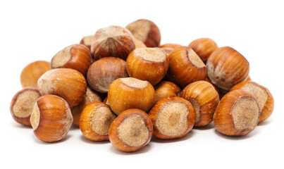 Hazelnuts on white background