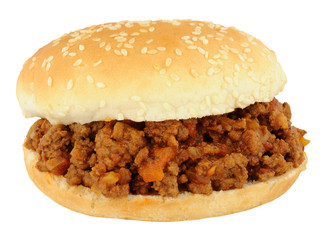 Sloppy joe sandwich in a sesame seed covered bread roll isolated on a white background