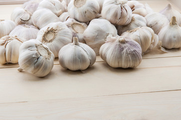 Organic garlic whole and cloves on the wooden background