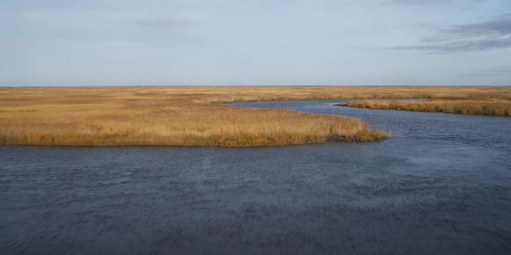 Over grassy marshland east of Dover, Delaware. Shot in 2011.