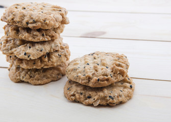close up view cookies over wooden background
