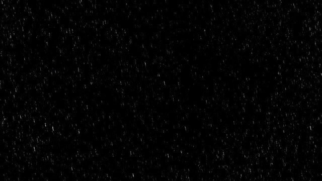 Falling raindrops footage animation in slow motion on black background, black and white luminance matte, seamlessly looped rain animation, perfect for film, digital composition, projection mapping
