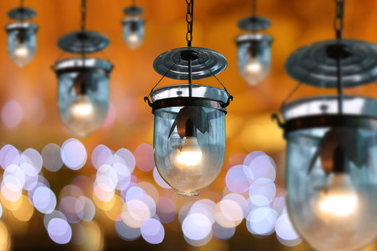 Warm lighting modern ceiling lamps in the cafe.