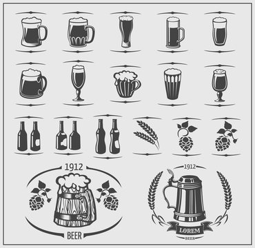 Beer set. Beer glasses, bottles, and design elements.