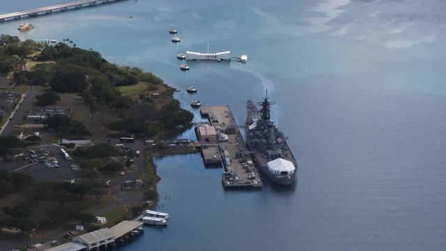 Over Pearl Harbor and Arizona Memorial. Shot in 2010.