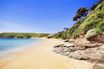 Fototapeta na wymiar Beautiful beach in Batsi village, Andros island, Cyclades, Greece