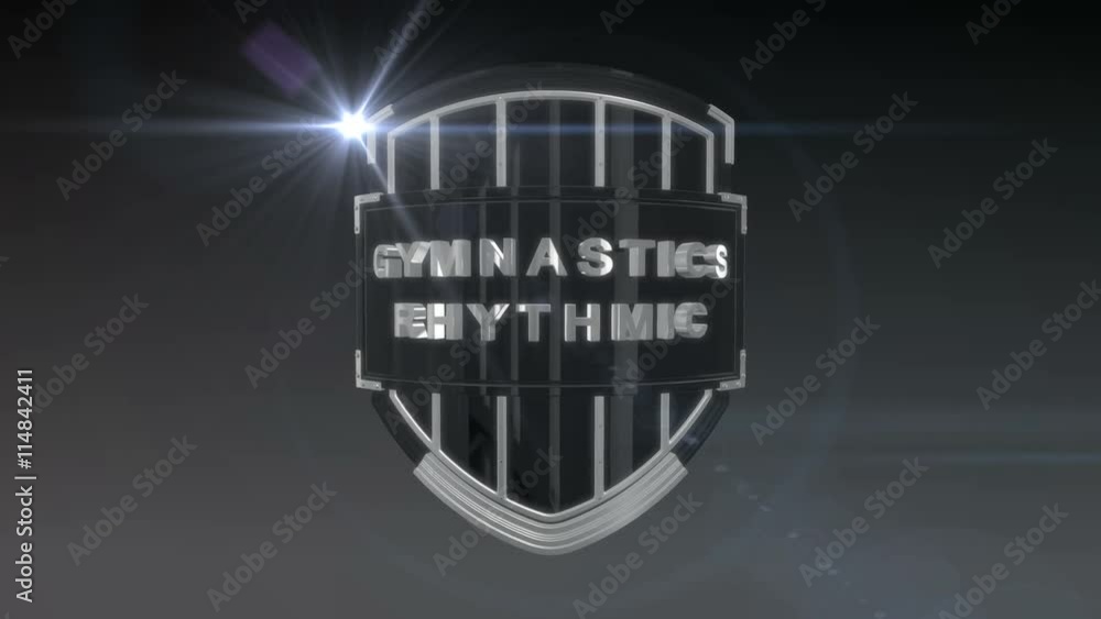 Poster seamless looping 3d animation of the word gymnastics rhythmic on a shield – chrome version; includin