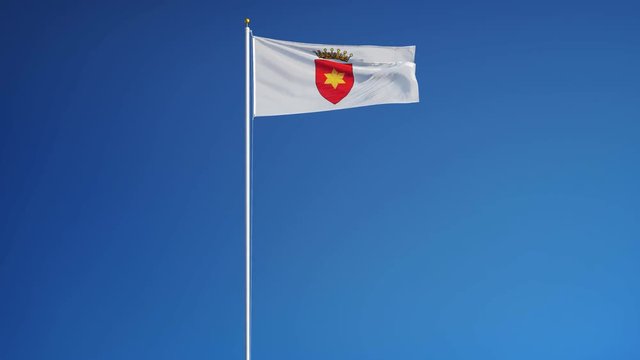 Kingdom of Tavolara flag waving in slow motion against clean blue sky, seamlessly looped, long shot, isolated on alpha channel with black and white matte, perfect for film news digital composition
