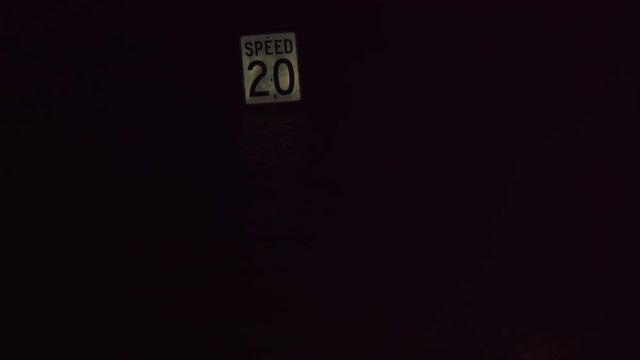 A speed sign at night in dark floodwater