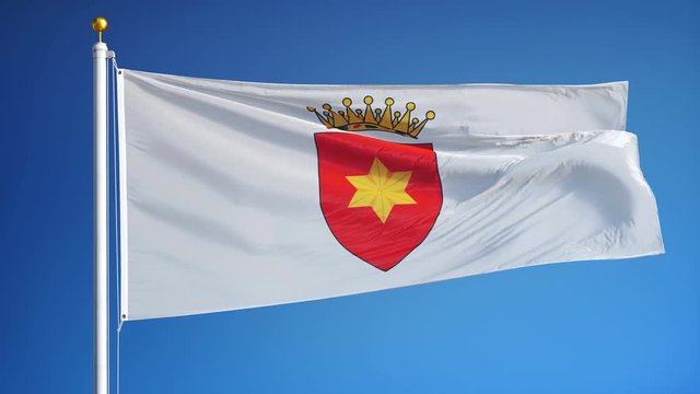 Kingdom of Tavolara flag waving in slow motion against clean blue sky, seamlessly looped, close up, isolated on alpha channel with black and white matte, perfect for film news digital composition